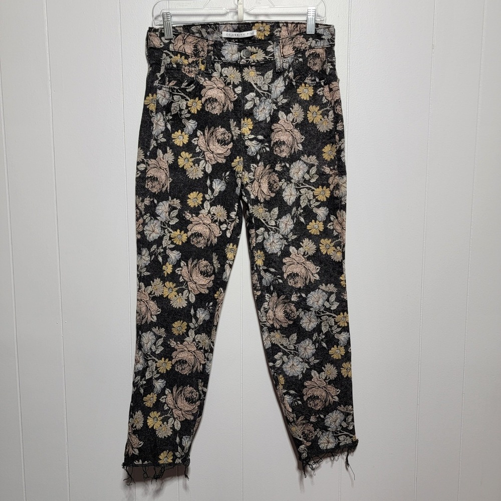 Celebrity Pink Floral Tapestry High Rise Raw Hem Ankle Jeans Womens 11/30 Black
